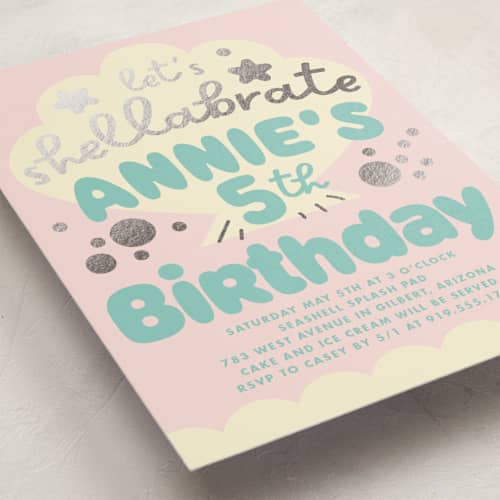 This is a candy kids birthday invitations with foil pressed by Baumbirdy called shelly printing on signature in standard