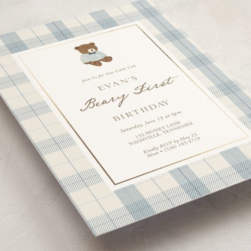 This is a sky kids birthday invitations with foil pressed by Yujin Kim called beary blue birthday printing on signature in standard