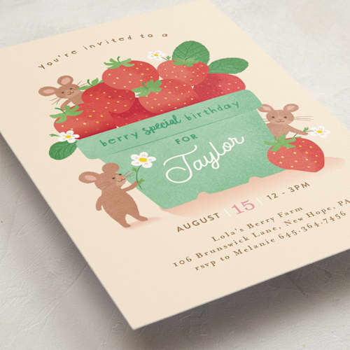 This is a vanilla kids birthday invitations with standard by Jennifer Wick called berry special printing on signature in standard