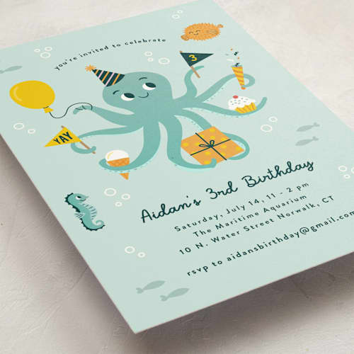 This is a sea kids birthday invitations with standard by Annie Holmquist called underwater fun printing on signature in standard