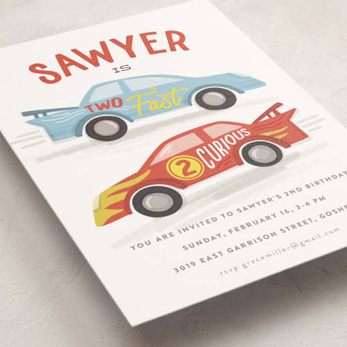 This is a racing red kids birthday invitations with standard by Jessie Steury called two fast printing on signature in standard