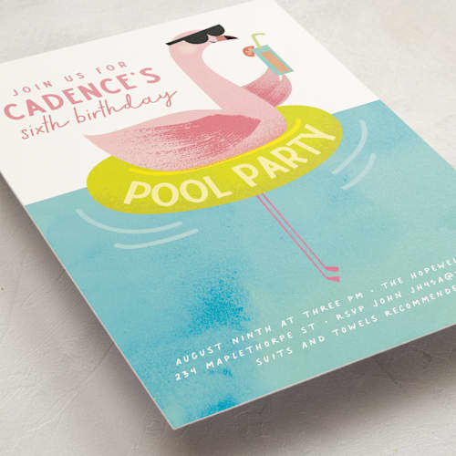 This is a lime kids birthday invitations with standard by Lori Wemple called flamingo printing on signature in standard