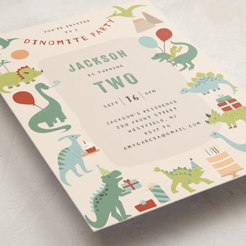 This is a sand kids birthday invitations with standard by Teju Reval called dino party printing on signature in standard