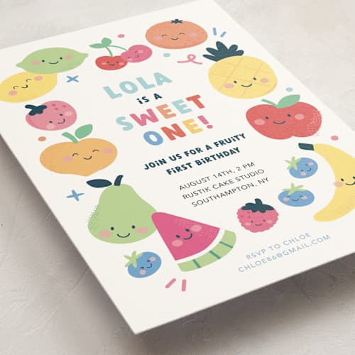 This is a fruit punch kids birthday invitations with standard by peetie design called fruit salad printing on signature in standard