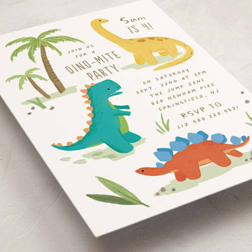This is a marshmallow kids birthday invitations with standard by Everett Paper Goods called dino zone printing on signature in standard