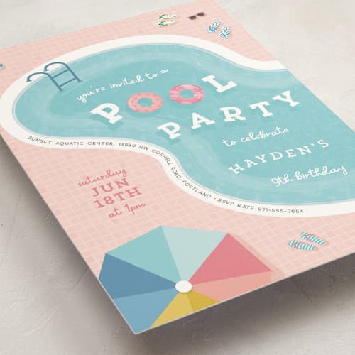 This is a coral kids birthday invitations with standard by Lisa McLean called cool pool party printing on signature in standard