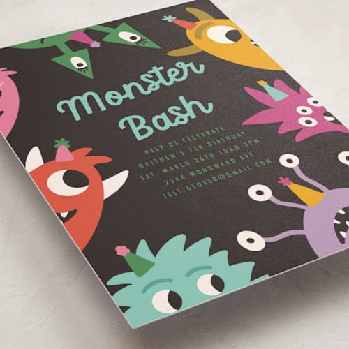 This is a midnight kids birthday invitations with standard by Morgan Kendall called monsters printing on signature in standard