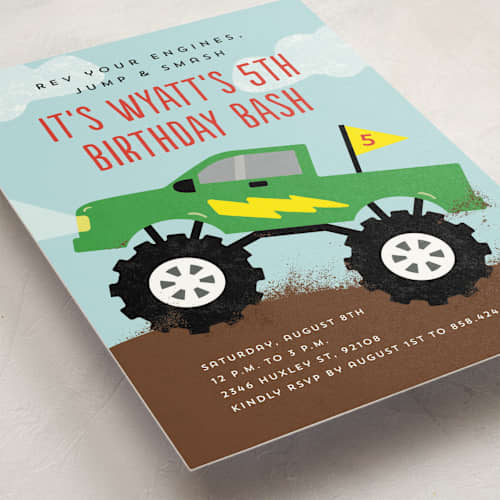 This is a lime kids birthday invitations with standard by Erica Krystek called monster truck printing on signature in standard