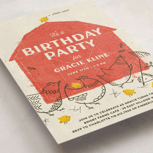 This is a barn kids birthday invitations with standard by Kimberly Morgan called barnyard parade printing on signature in standard