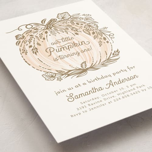 This is a peach kids birthday invitations with standard by Paper Sun Studio called little pumpkin printing on signature in standard