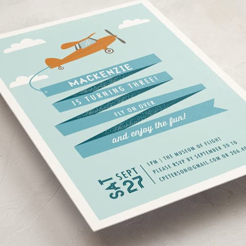 This is a sky kids birthday invitations with standard by Karidy Walker called airplane news stream printing on signature in standard