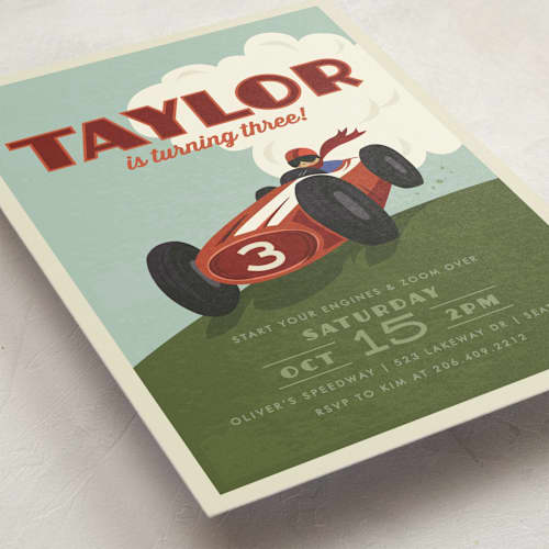 This is a maroon kids birthday invitations with standard by Karidy Walker called start your engines printing on signature in standard