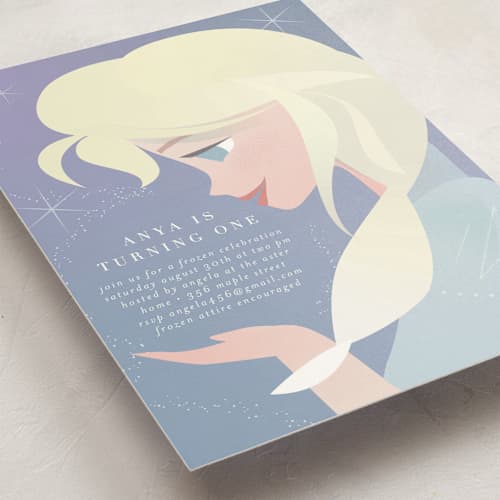 This is a frost kids birthday invitations with standard by Lori Wemple called disney's elsa the snow queen printing on signature in standard