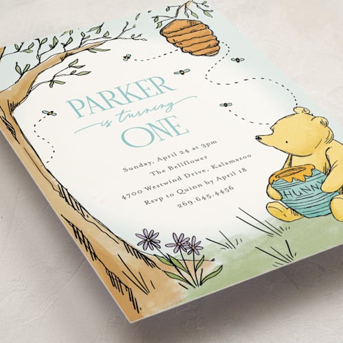 This is a sky kids birthday invitations with standard by Pixel and Hank called disney's pooh forest scene printing on signature in standard
