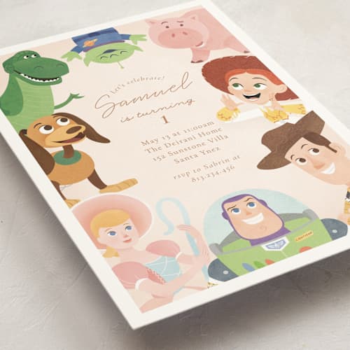 This is a taupe kids birthday invitations with standard by Sabrin Deirani called disney's and pixar toy story friends printing on signature in standard