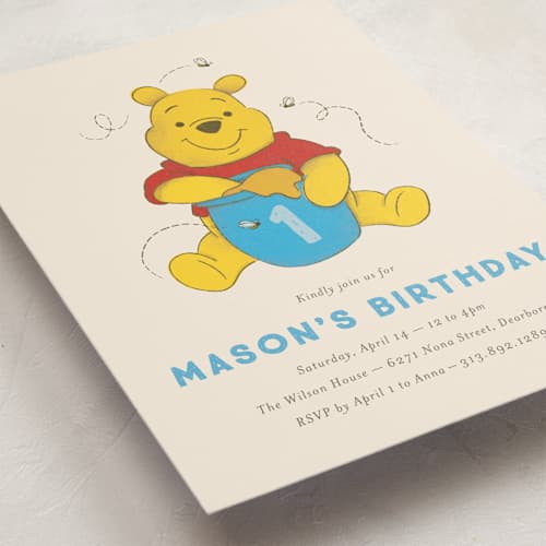 This is a cornflower kids birthday invitations with standard by Snow and Ivy called disney's pooh birthday printing on signature in standard