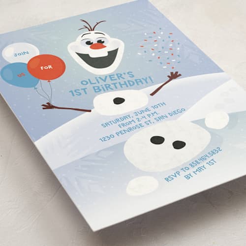 This is a periwinkle kids birthday invitations with standard by Erica Krystek called disney's olaf to party printing on signature in standard