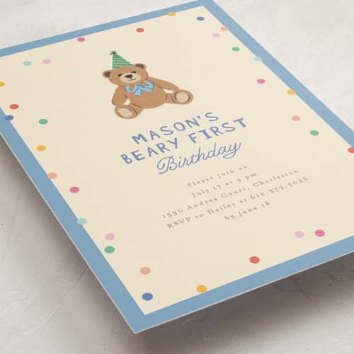 This is a pond kids birthday invitations with standard by Creo Study called beary first birthday printing on signature in standard