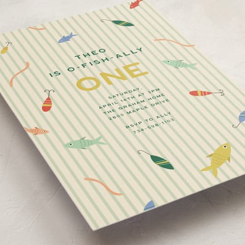 This is a mint kids birthday invitations with standard by Ellen Schlegelmilch called o-fish-ally! printing on signature in standard