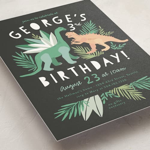 This is a graphite kids birthday invitations with standard by Alethea and Ruth called dino friends printing on signature in standard