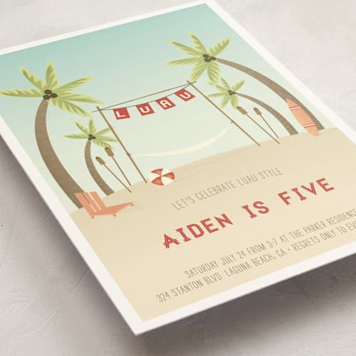 This is a red balloon kids birthday invitations with standard by Grace Kreinbrink called beach luau printing on signature in standard