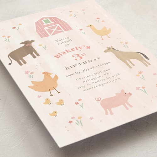 This is a strawberry kids birthday invitations with standard by Jennifer Wick called storybook farm printing on signature in standard