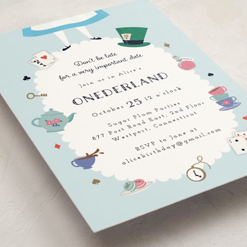 This is a sky kids birthday invitations with standard by Annie Holmquist called disney's alice in wonderland birthday printing on signature in standard