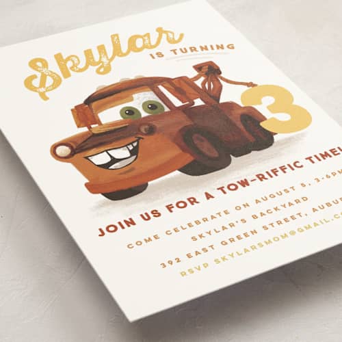 This is a pearl kids birthday invitations with standard by Jessie Steury called disney and pixar's tow-riffic mater printing on signature in standard