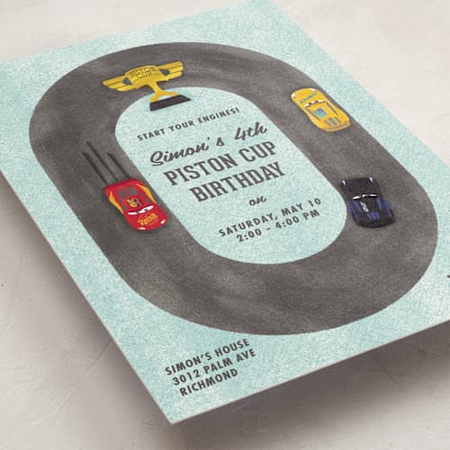 This is a sky kids birthday invitations with standard by Carly Reed Walker called disney and pixar cars dinoco 400 printing on signature in standard