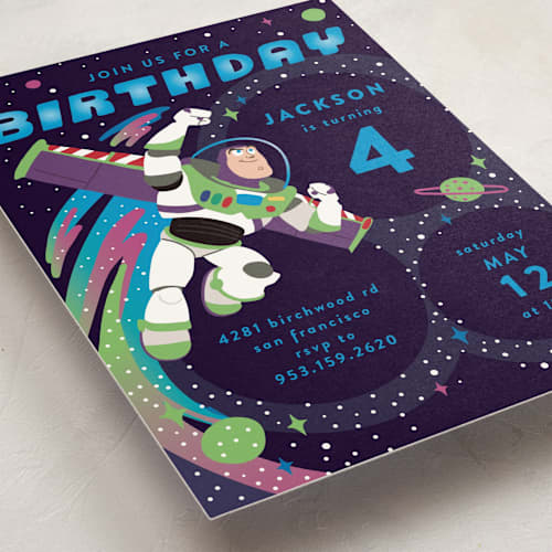 This is a night sky kids birthday invitations with standard by Katie Zimpel called disney and pixar birthday buzz printing on signature in standard