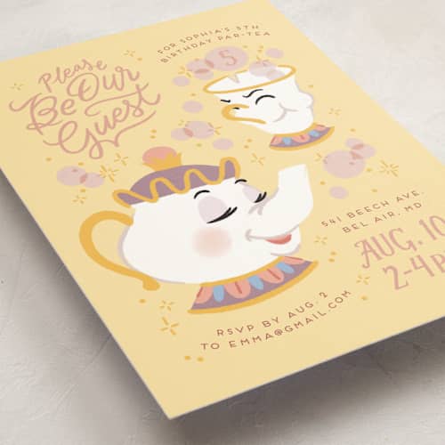 This is a lemonade kids birthday invitations with standard by Rebecca Smith called disney enchanted beauty and the beast tea party printing on signature in standard