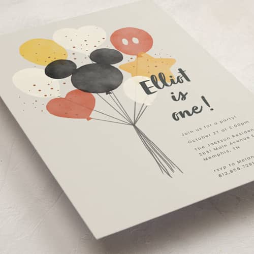 This is a cream kids birthday invitations with standard by Adelyn T. called disney's mickey balloon bunch printing on signature in standard