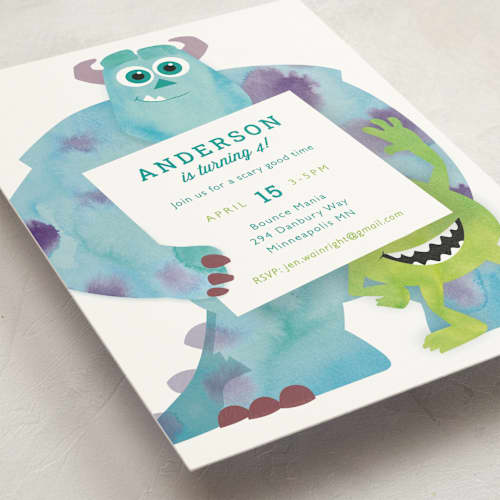 This is a marshmallow kids birthday invitations with standard by Holly Whitcomb called disney and pixar's monster's inc party printing on signature in standard