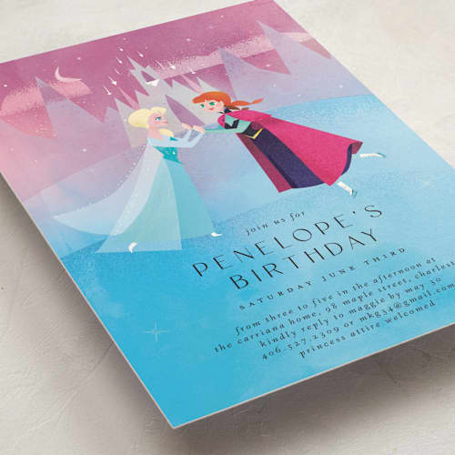 This is a twilight kids birthday invitations with standard by Lori Wemple called elsa and anna from disney's frozen printing on signature in standard
