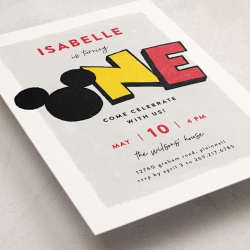 This is a traditional kids birthday invitations with standard by Pixel and Hank called a disney mickey party printing on signature in standard