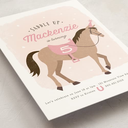 This is a rose kids birthday invitations with standard by Karidy Walker called saddle up printing on signature in standard