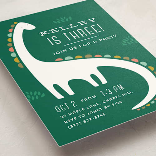 This is a palm kids birthday invitations with standard by Laura Hankins called dinotastic printing on signature in standard