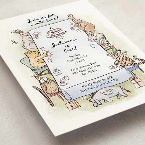 This is a mist kids birthday invitations with standard by Becky Nimoy called disney's pooh and friends party table printing on signature in standard