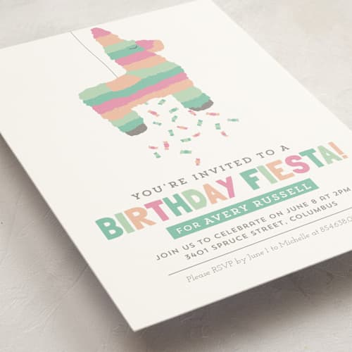 This is a seafoam kids birthday invitations with standard by Keen Peachy called pinata printing on signature in standard
