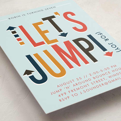 This is a sky kids birthday invitations with standard by Ellis called jump house printing on signature in standard