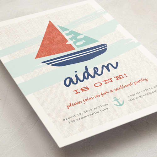 This is a teal kids birthday invitations with standard by Carolyn MacLaren called regatta race printing on signature in standard