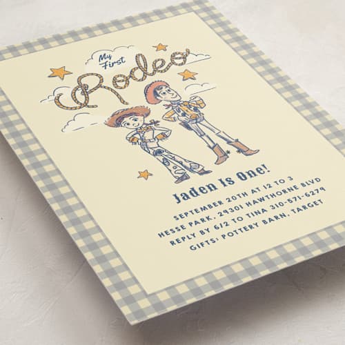 This is a bluebell kids birthday invitations with standard by Becky Nimoy called disney and pixar's woody and jessie toy story 2 rodeo printing on signature in standard