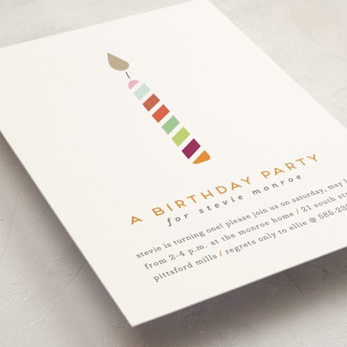 This is a full spectrum kids birthday invitations with standard by Up Up Creative called lit candle printing on signature in standard