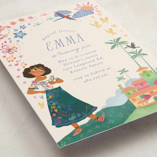 This is a vanilla kids birthday invitations with standard by Sabrin Deirani called magical fiesta printing on signature in standard