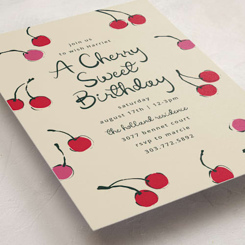 This is a tomato kids birthday invitations with standard by Kelly Watkins called cherries printing on signature in standard