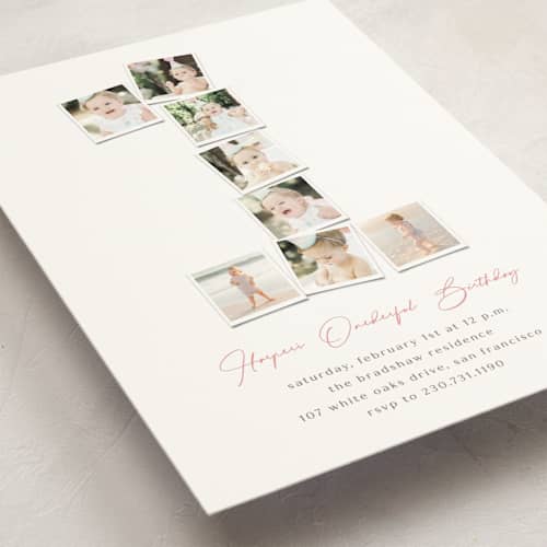 This is a peony kids birthday invitations with standard by fatfatin called polaroid big number 1 printing on signature in standard
