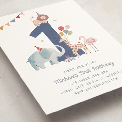 This is a cement kids birthday invitations with standard by Teju Reval called wild one printing on signature in standard