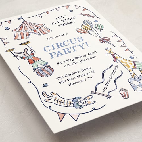 This is a sky kids birthday invitations with standard by Pati Cascino called circus day printing on signature in standard