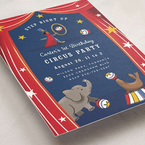 This is a scarlet kids birthday invitations with standard by Becky Nimoy called circus printing on signature in standard