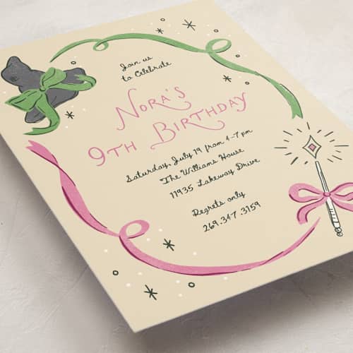 This is a butter kids birthday invitations with standard by Pixel and Hank called spellbound printing on signature in standard